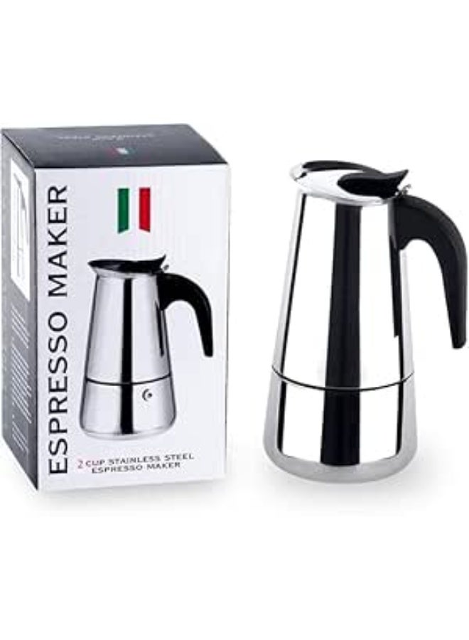 ماكينة تحضير الإسبريسو من الستانلس ستيل – موكا بوت إيطالية يدوية تعمل على الموقد – سعة 2 كوب – تصميم عصري - Image 1